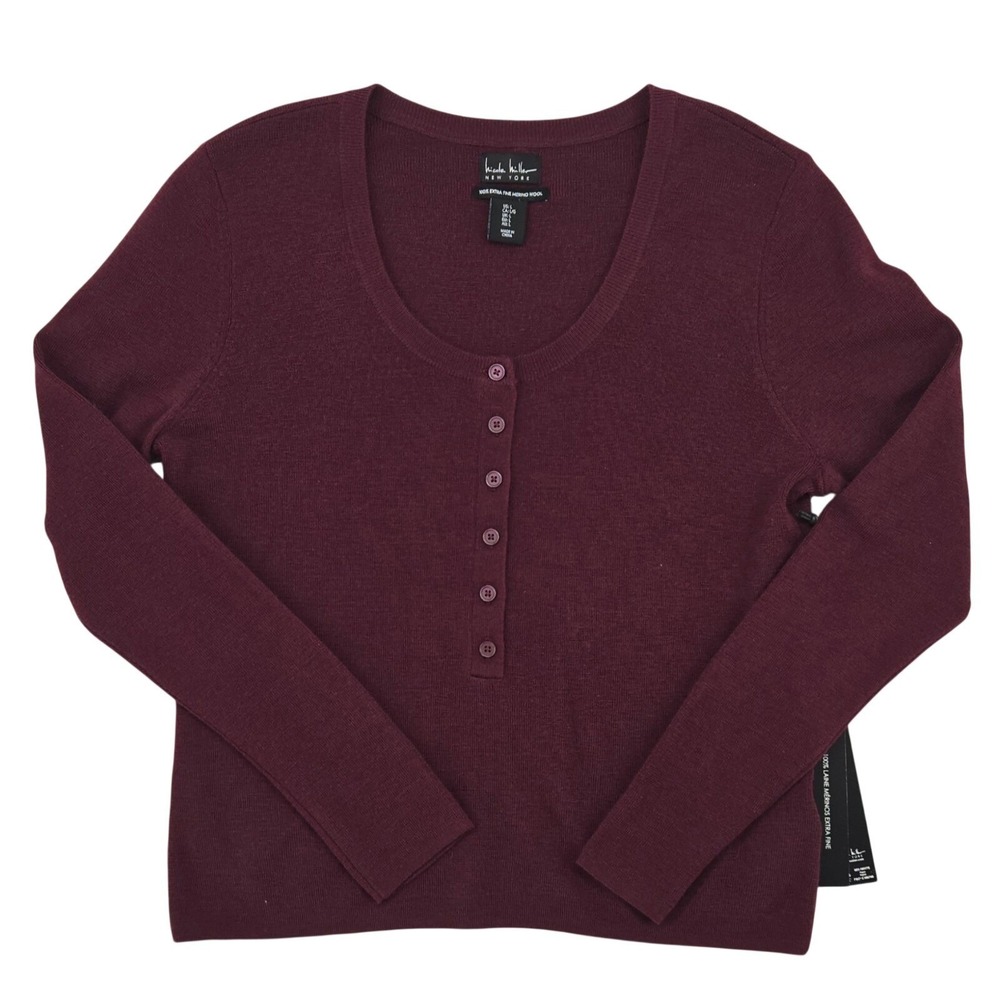Nicole Miller 100% Merino Wool Sweater L Burgundy Button Front Knit Top